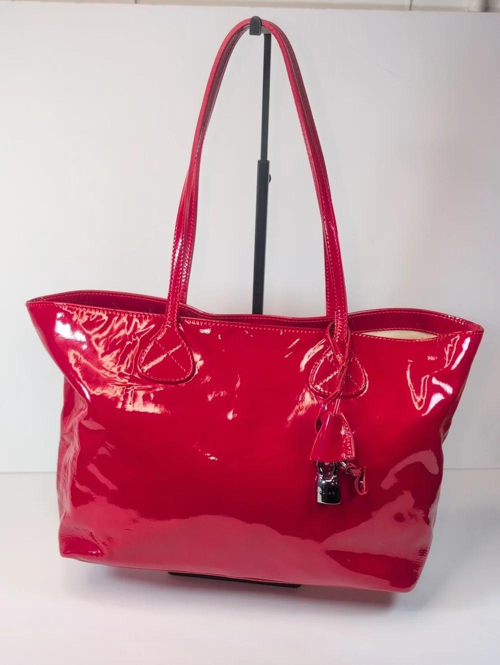 Celine Red Patent Leather Tote Bag With Padlock
